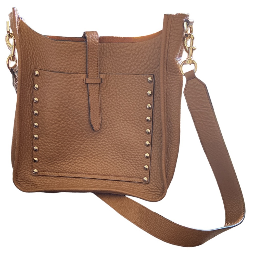 Brown Pebbled Leather Crossbody Bag with Studded Pocket